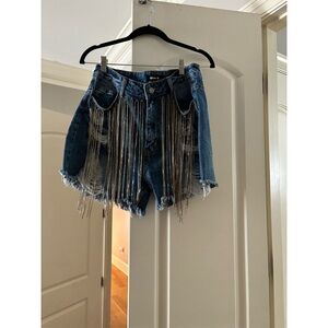 Brand new unworn rhinestone fringe high waist jean shorts